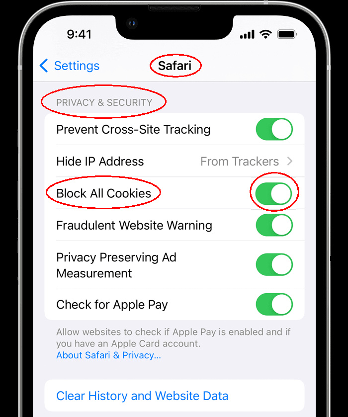 how to enable or disable cookies on iphone